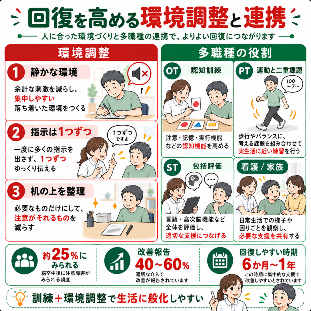 脳卒中後の注意障害に対する静かな環境づくり・指示の簡略化・作業環境の整理と、PT・OT・ST・看護師・家族によるリハビリ支援を解説した図解。