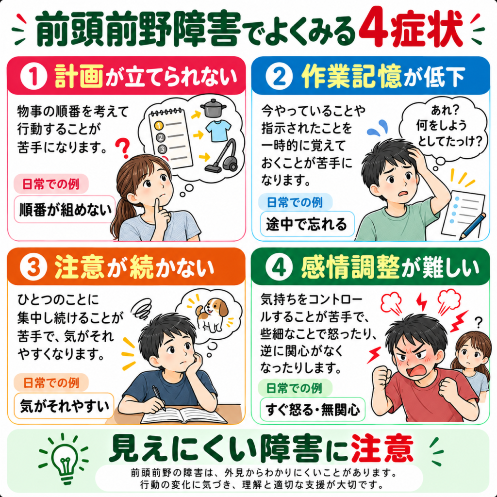 前頭前野障害でみられる4症状|計画立案困難・作業記憶低下・注意障害・感情調整障害の特徴