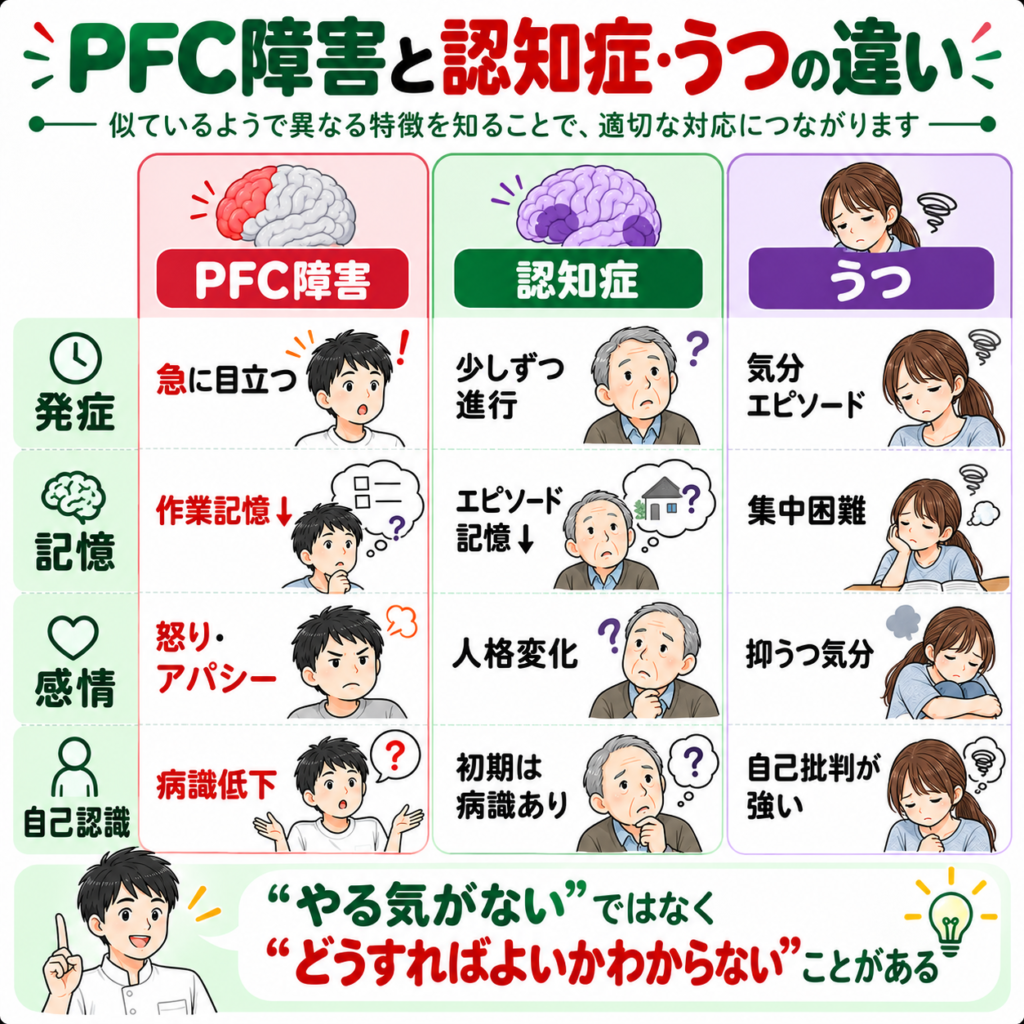 前頭前野機能障害と認知症・うつ病の違いを発症様式・記憶・感情・自己認識から比較した図解