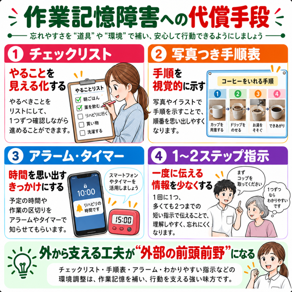 作業記憶障害への代償手段|チェックリスト・写真付き手順表・アラーム・短い指示の活用方法