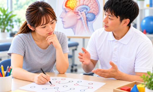脳卒中患者にTMT評価を実施し、前頭前野の注意機能や計画性を確認する理学療法士