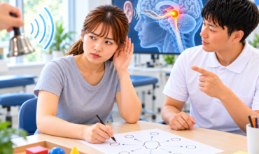 視床内側膝状体（MGN）の損傷による聴覚障害に対し、音源定位テストで音の方向を評価するセラピストと患者