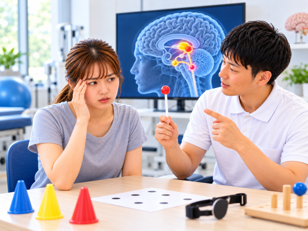 ウェルニッケ脳症による眼球運動異常や意識障害を想定し、脳の障害部位を確認しながら視線追跡評価を行うセラピストと患者