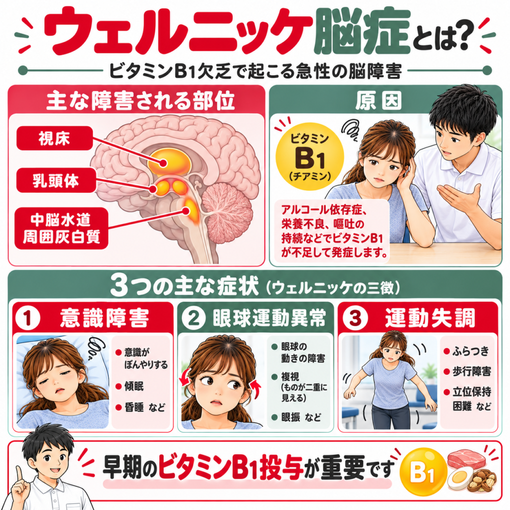 ウェルニッケ脳症とは何かを解説する図解|ビタミンB1欠乏、視床・乳頭体・中脳水道周囲の障害と意識障害・眼球運動異常・運動失調