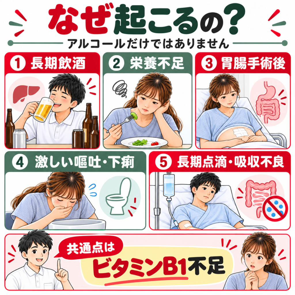 ウェルニッケ脳症の主な原因を示す図解|長期飲酒、栄養不足、胃腸手術後、持続する嘔吐・下痢、長期点滴によるビタミンB1不足