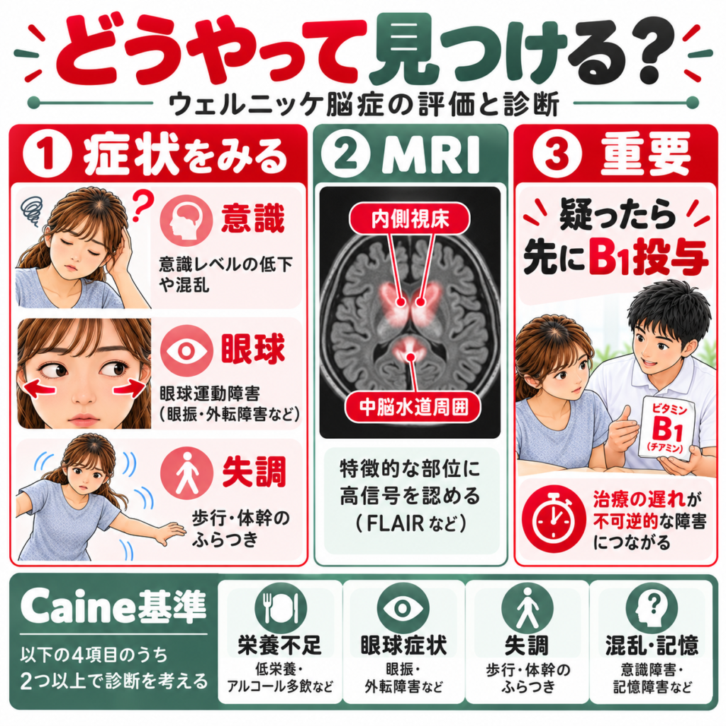 ウェルニッケ脳症の評価と診断|意識障害・眼球運動異常・運動失調の確認、MRIでの内側視床高信号、Caine診断基準