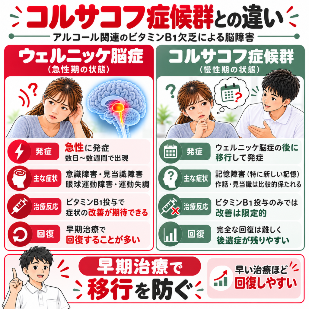 ウェルニッケ脳症とコルサコフ症候群の違い|急性期症状と慢性の記憶障害、チアミン治療への反応と回復の見通し