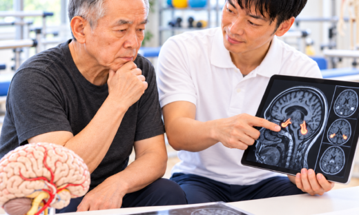 脳卒中後の記憶障害について脳MRI画像を用いて海馬の働きを説明する理学療法士と高齢患者