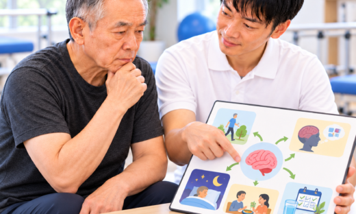 頭部外傷（TBI）後の回復とリハビリについて脳の機能を示した図を使いながら患者に説明する理学療法士