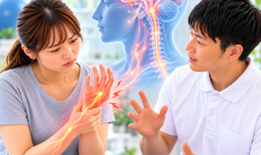 CRPSによる手の強い痛みと脳・神経系の過敏反応について理学療法士が患者に説明する様子