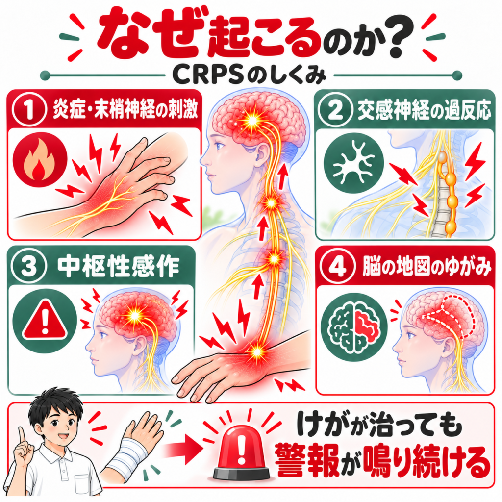 CRPSの発症メカニズムとして末梢神経の炎症・交感神経の異常反応・中枢性感作・脳の身体表象の変化を解説する図