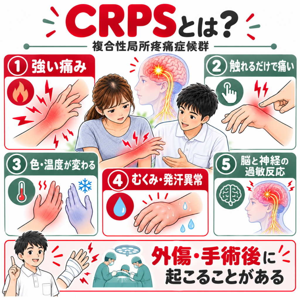 CRPS(複合性局所疼痛症候群)の主な症状である強い痛み・アロディニア・皮膚温変化・浮腫・発汗異常を示す図解