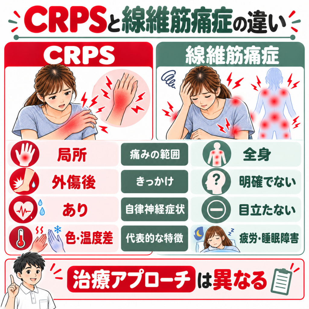 CRPSと線維筋痛症の違いを痛みの範囲・発症の誘因・自律神経症状・疲労や睡眠障害から比較した図解