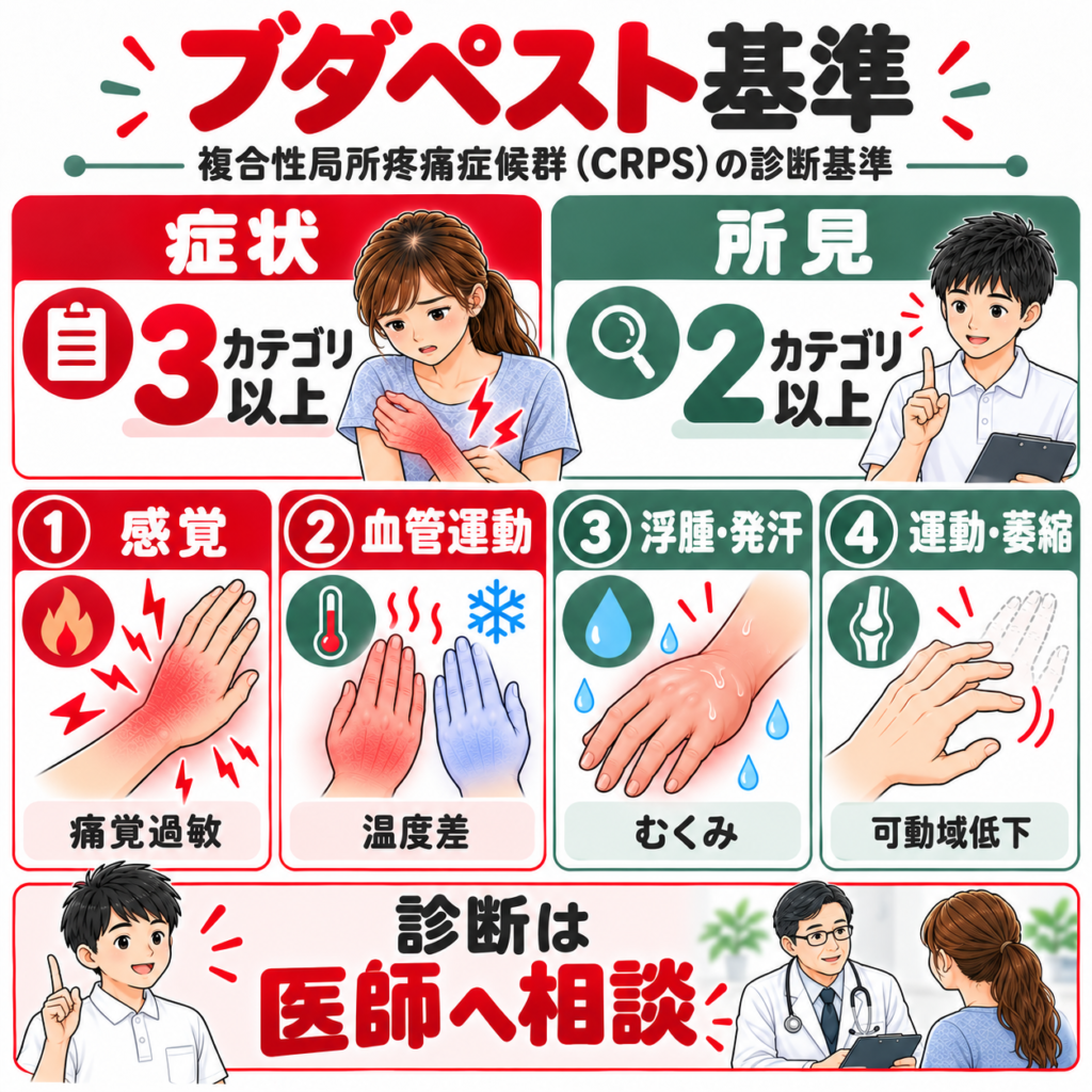 CRPSのブダペスト診断基準における症状3カテゴリー以上・診察所見2カテゴリー以上と4つの評価領域を示した図解