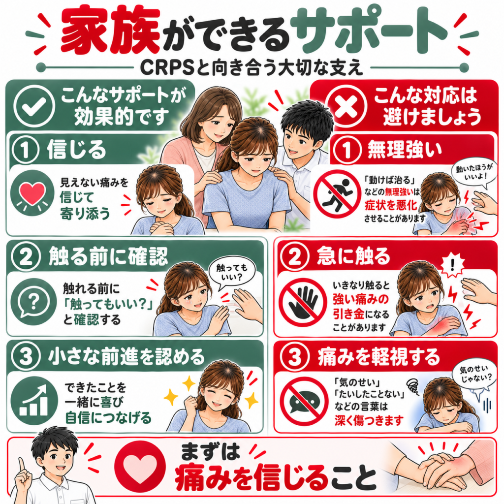 CRPS患者への家族の適切なサポートと避けるべき対応を痛みへの理解・接触時の確認・無理な動作の回避から説明する図解