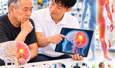 片麻痺の原因と回復の可能性について、脳画像を用いて患者に説明する理学療法士と脳卒中後のリハビリのイメージ