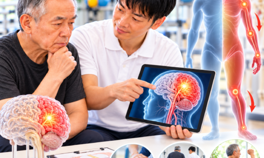 片麻痺の原因と回復の可能性について、脳画像を用いて患者に説明する理学療法士と脳卒中後のリハビリのイメージ