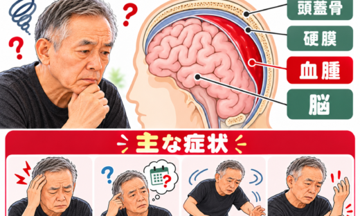 慢性硬膜下血腫の発生部位を示す脳の断面図。頭蓋骨と硬膜、血腫の位置関係および頭痛・物忘れ・ふらつき・片麻痺の主な症状を解説