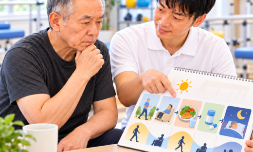 重症筋無力症の疲労や症状の波に合わせた活動・休息・食事の生活計画を患者と相談する理学療法士