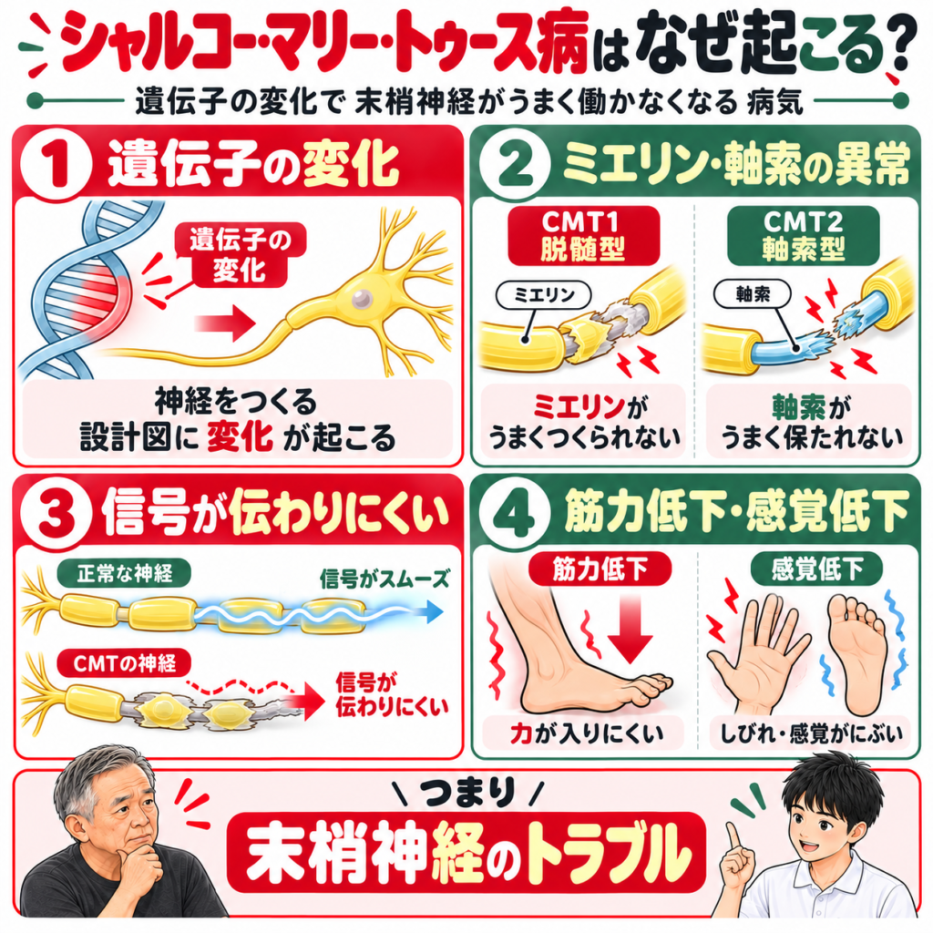 シャルコー・マリー・トゥース病の原因と発症メカニズム｜遺伝子変化・脱髄型CMT1・軸索型CMT2の違いを解説