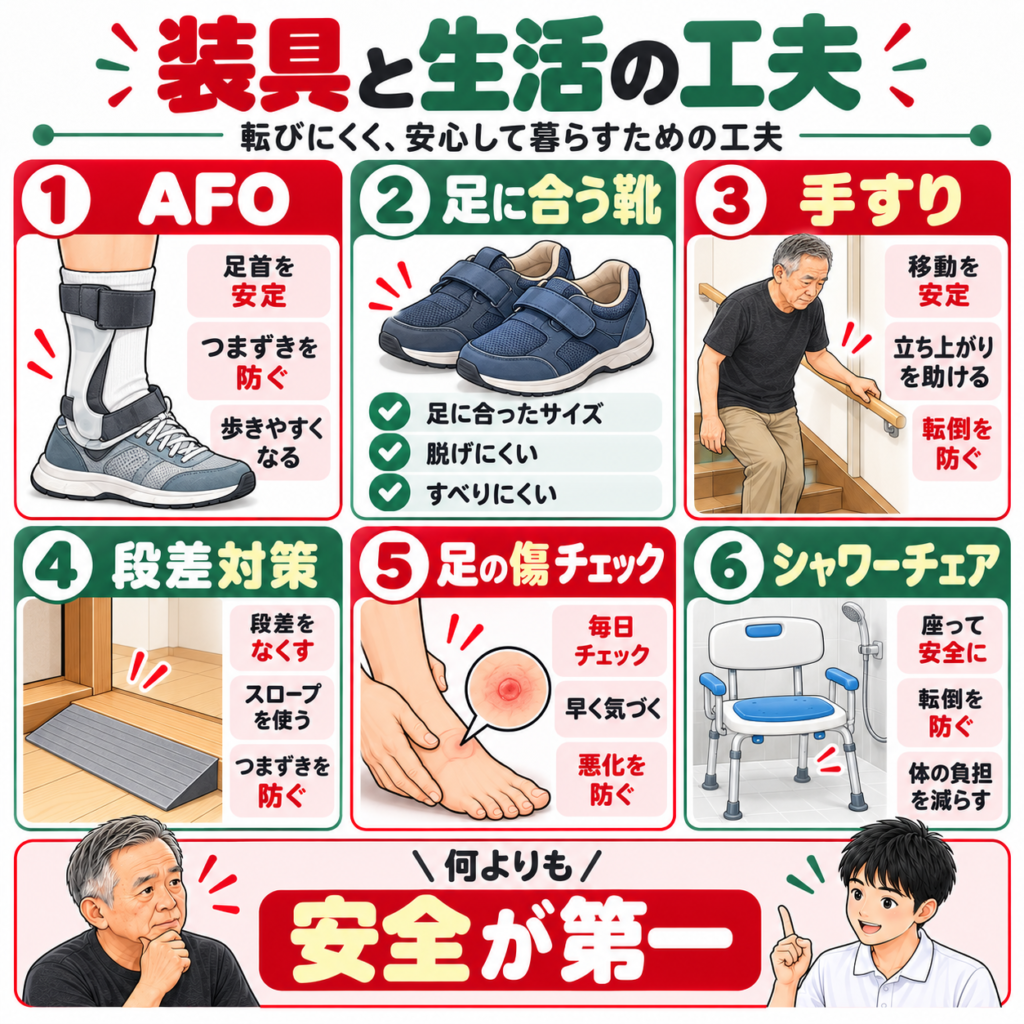 シャルコー・マリー・トゥース病の在宅支援｜足関節装具AFO・靴選び・手すり・段差対策・転倒予防の図解