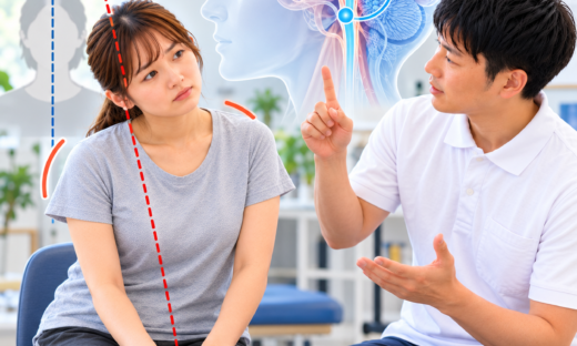 脳卒中後の垂直感覚障害により座位で体幹が傾く患者と、脳の内部モデルや姿勢認識について説明する理学療法士