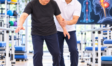 運動失調による体幹のふらつきと姿勢制御障害を評価するセラピスト。脳画像を参考に立位バランスを確認するリハビリ場面