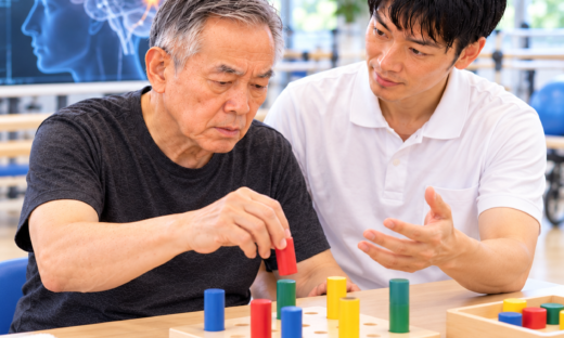 脳卒中後の上肢機能障害に対し、ペグ操作による手指の精細運動訓練を行う患者とセラピスト。脳機能と運動学習の関係を表現