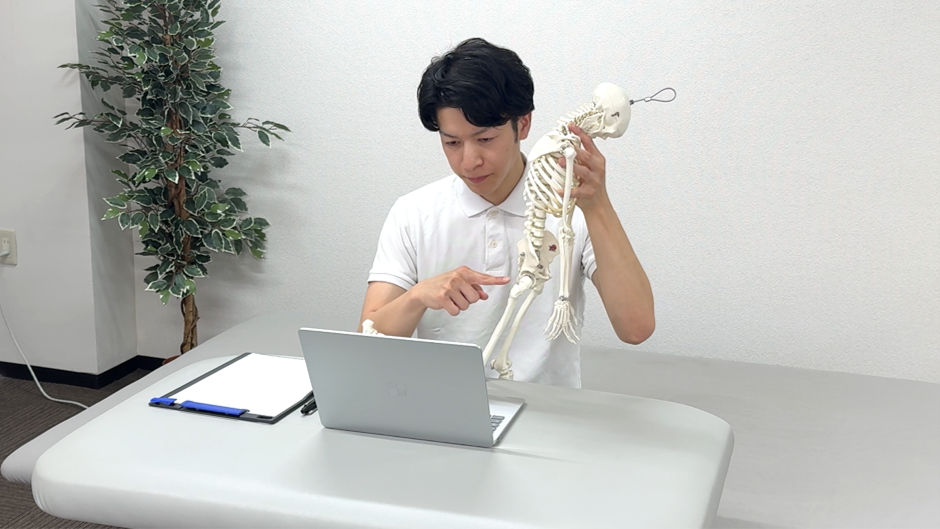 オンラインセラピーで、自主トレーニングや動作のやり方を、解剖・運動・神経学の視点から実演で指導する場面