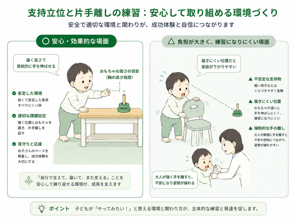 支持立位と片手離しの練習