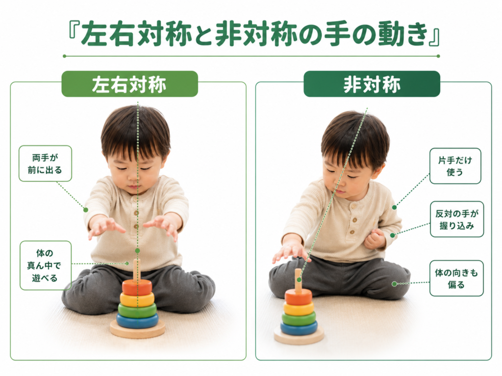 左右対称と非対称の手の動き