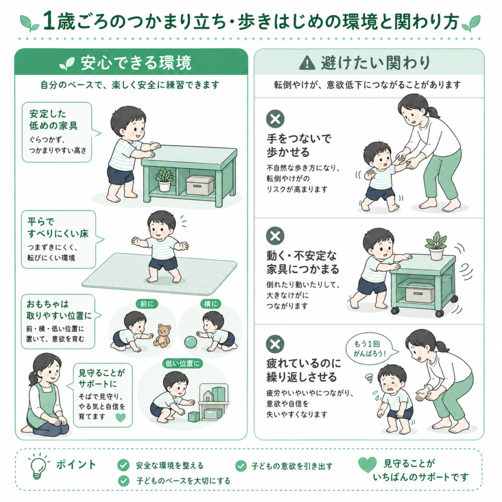 1歳ごろのつかまり立ち、歩き始めの環境と関わり方