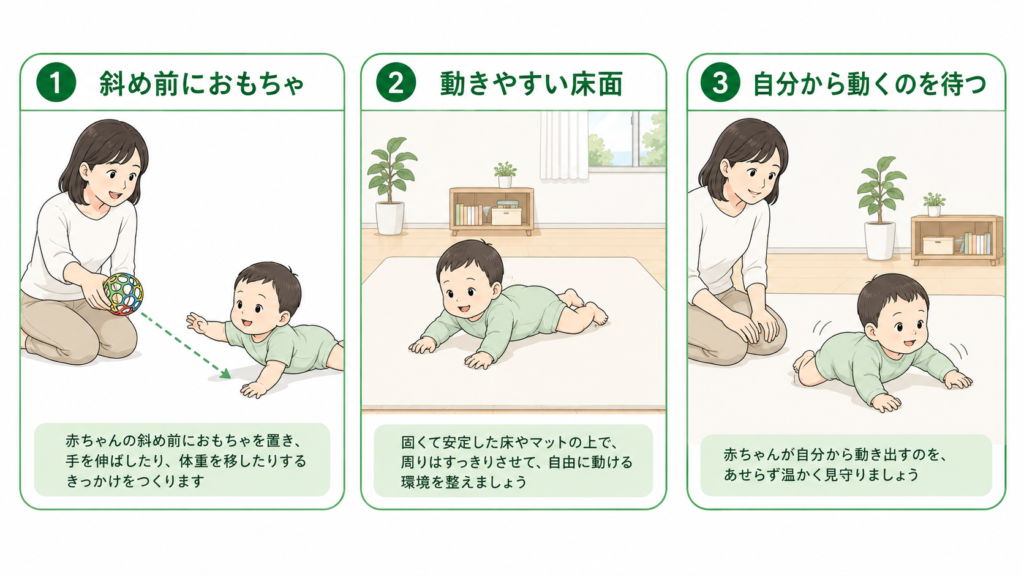 斜め前におもちゃ、動きやすい床面、自分から動き出すのを待つ