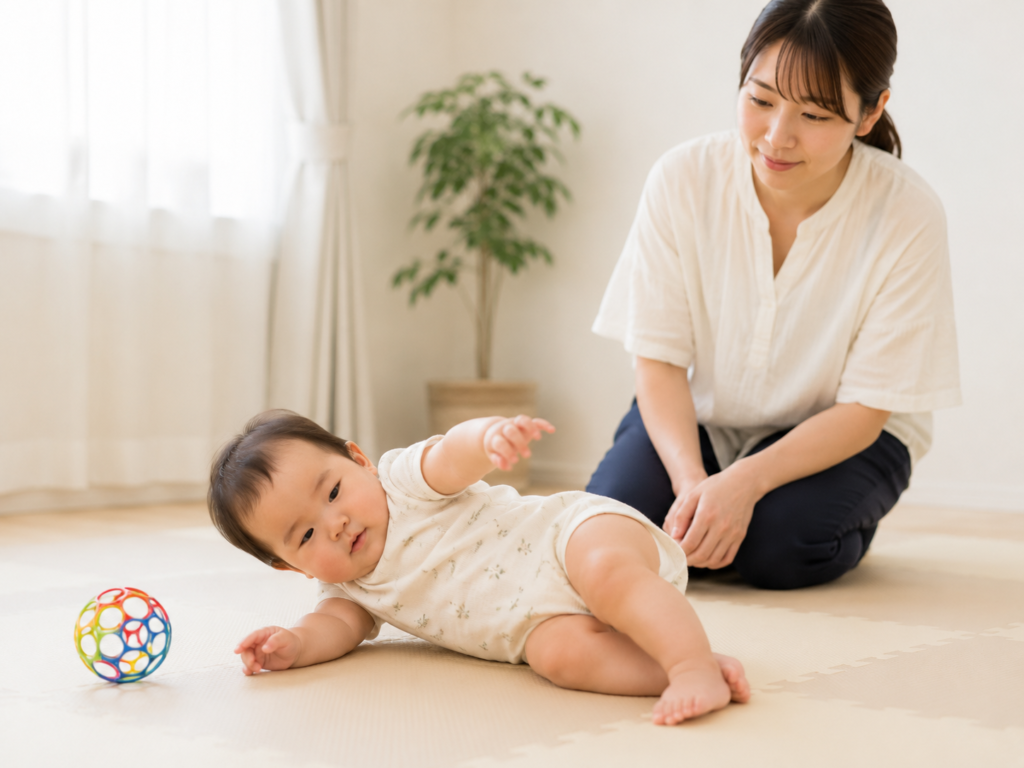 寝返りを見守る母
