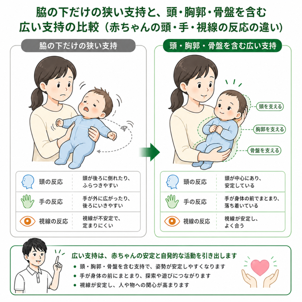 脇の下だけの狭い支持と頚・胸部・骨盤を含む広い支持の比較