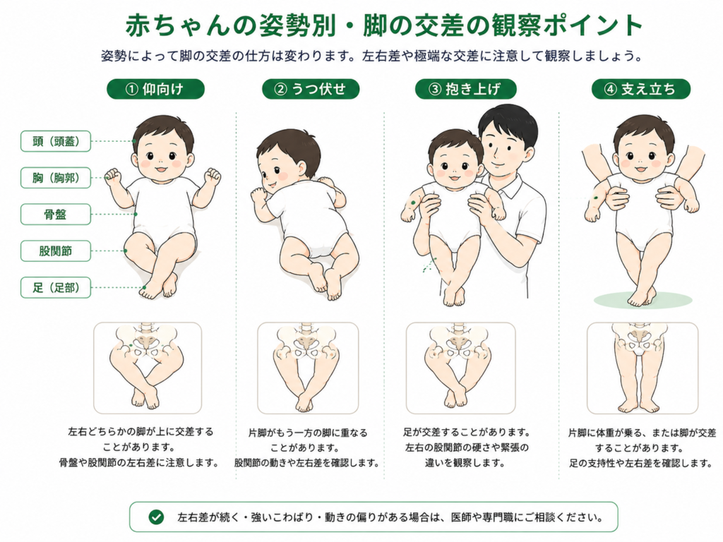 赤ちゃんの姿勢別・足の交差の観察ポイント