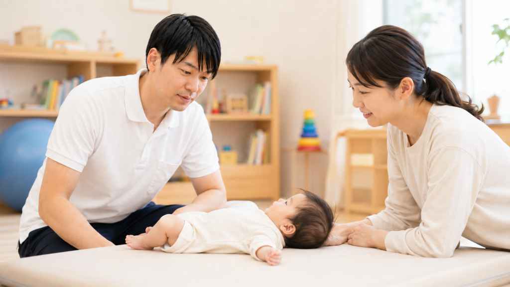 母と療法士見守り
