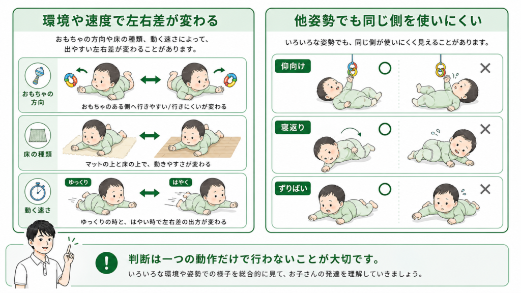 環境や速度で左右差が変わる、他姿勢でも同じ側を使いにくい