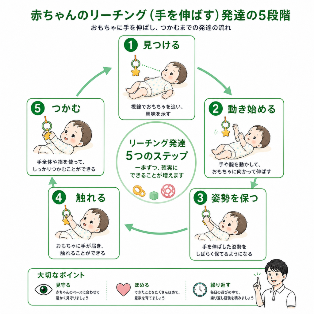 赤ちゃんのリーチング発達の5段階