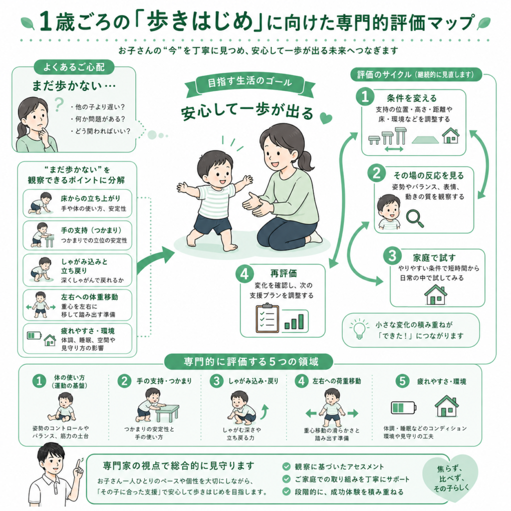 1歳ごろの歩き始めに向けた専門的評価マップ