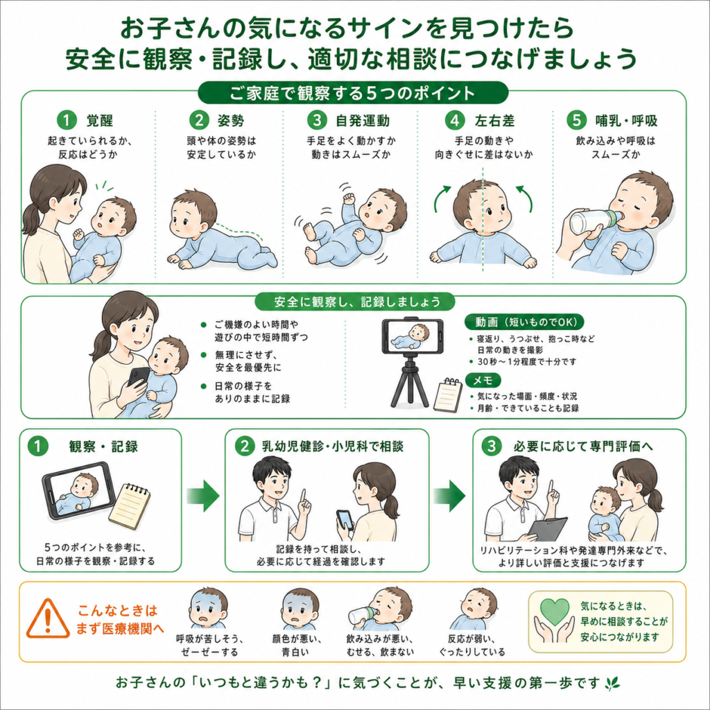 お子さんの気になるサインを見つけたら安全に観察・記録し、適切に相談につなげましょう
