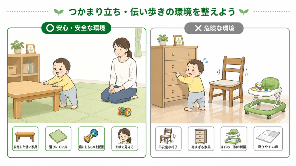 掴まり立ち・伝い歩きの環境を整えよう