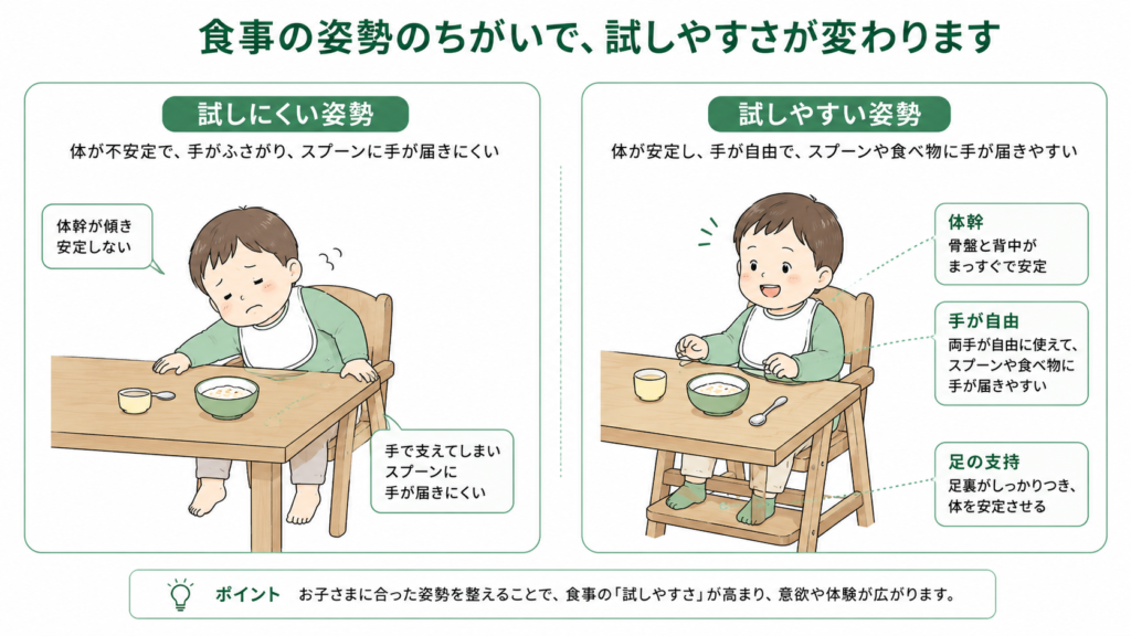 食事の姿勢の違いで、試しやすさが変わります