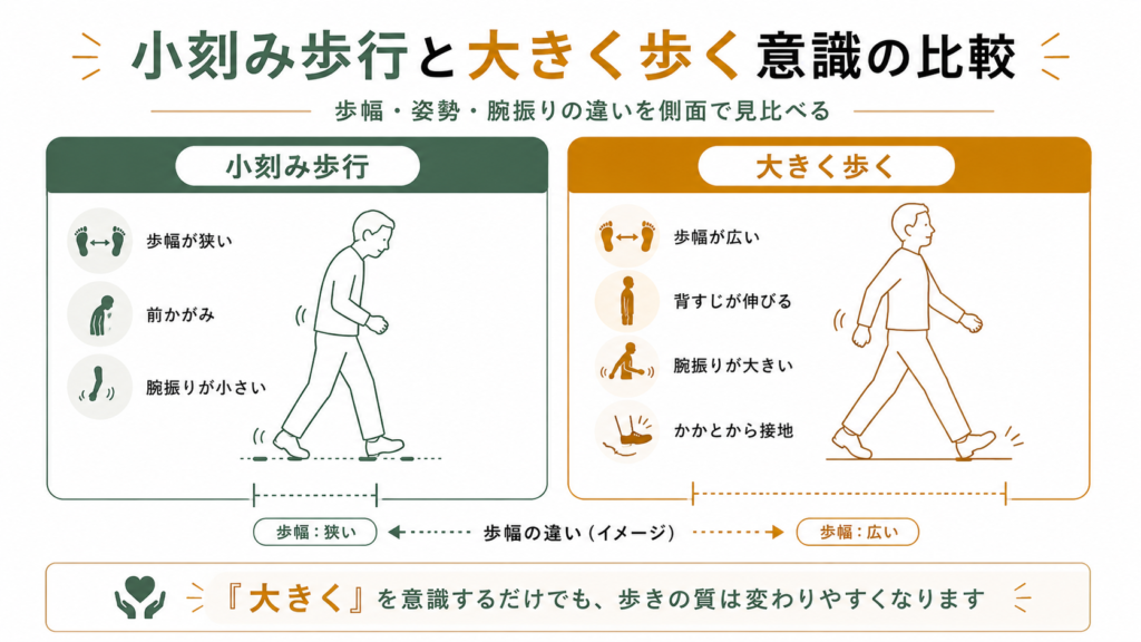 小刻み歩行と大きく歩く歩行の比較