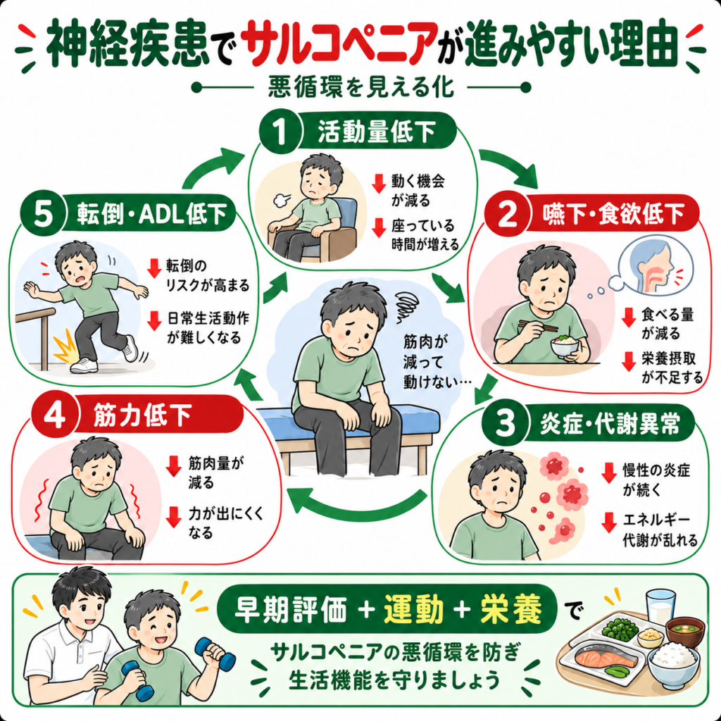 神経疾患に伴う活動低下、食事摂取低下、筋力低下の悪循環