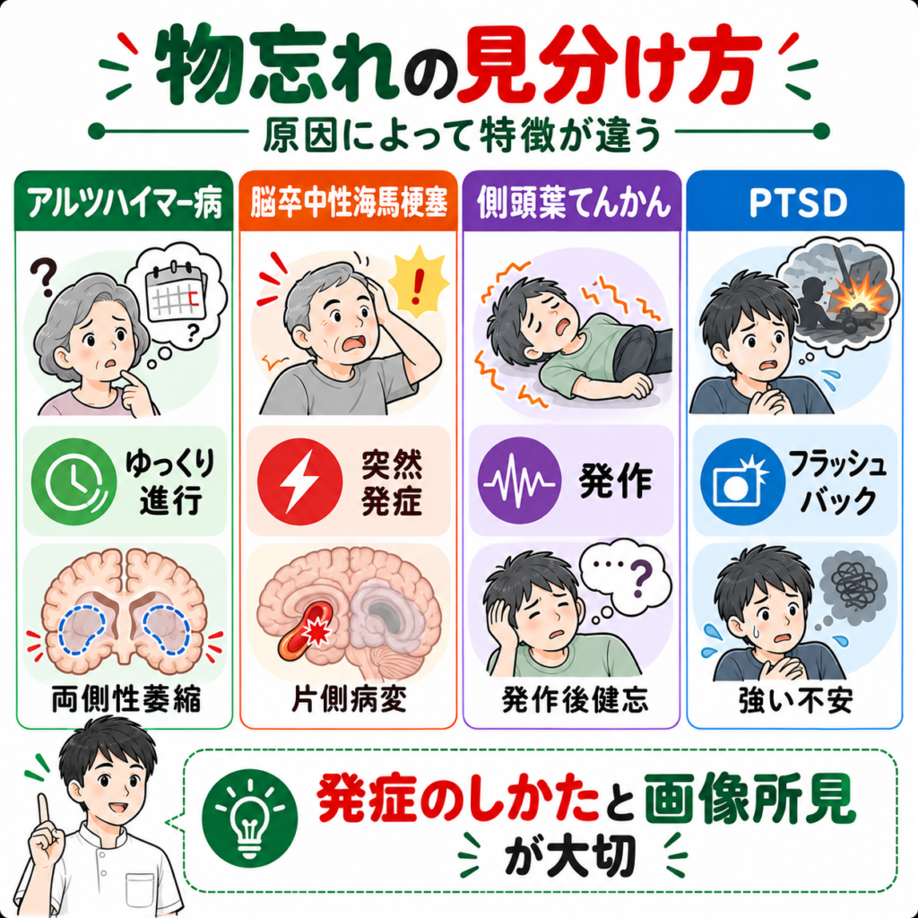 海馬が関わる記憶障害の主な鑑別疾患(アルツハイマー病・脳卒中性海馬梗塞・側頭葉てんかん・PTSD)を比較した図解