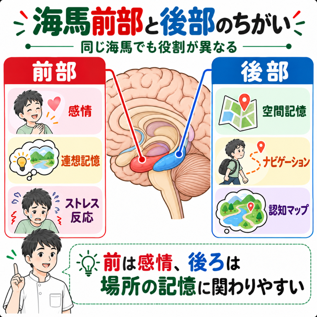 海馬の前部と後部の機能分化を比較した図解。前部は感情記憶・連想記憶・ストレス反応、後部は空間記憶・ナビゲーションを担う