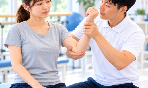 理学療法士が患者の肘関節を他動運動しMASで筋緊張を評価する様子