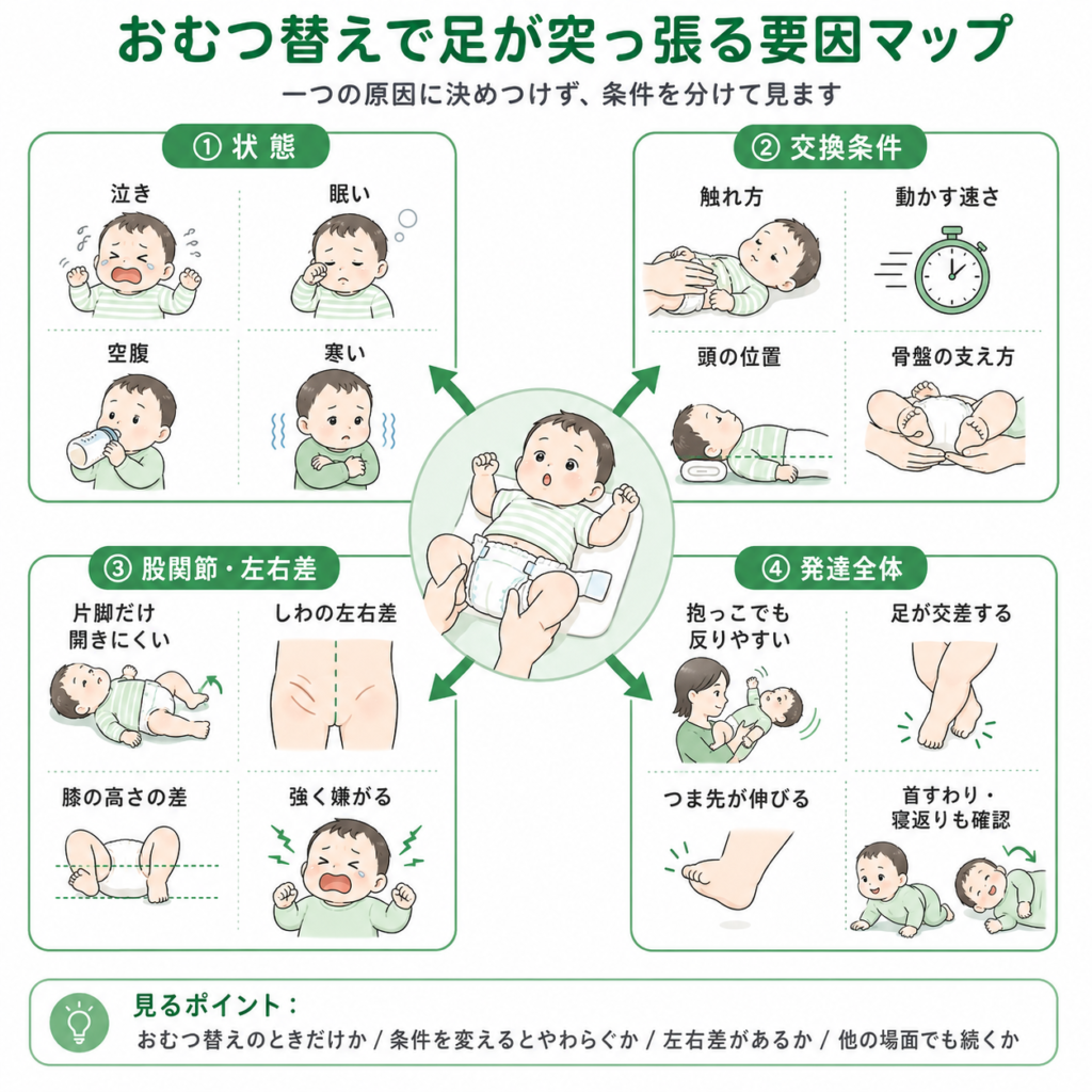 おむつ替えで足が突っ張る要因