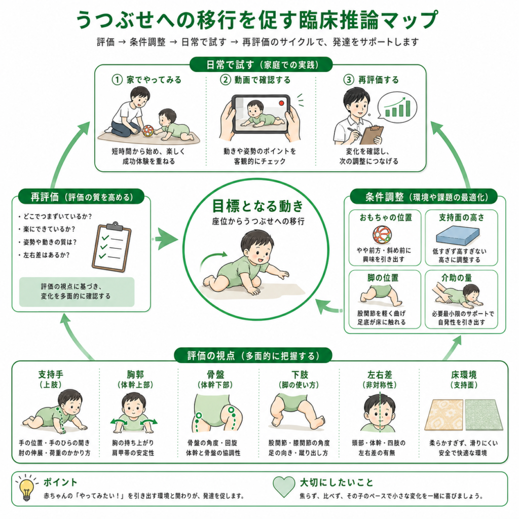 うつ伏せへの移行を促す離床推論マップ